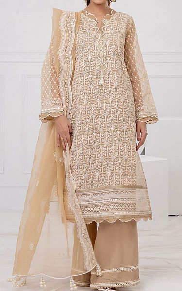 Gul Ahmed Beige Organza Suit | Pakistani Embroidered Chiffon Dresses USA- Image 1