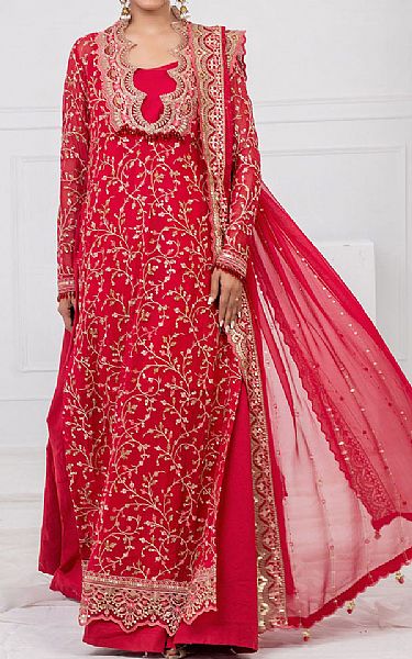 Gul Ahmed Ruby Red Chiffon Suit | Pakistani Embroidered Chiffon Dresses USA- Image 1