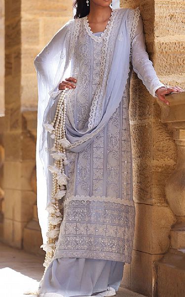 Gul Ahmed Cadet Blue Chiffon Suit | Pakistani Embroidered Chiffon Dresses USA- Image 1
