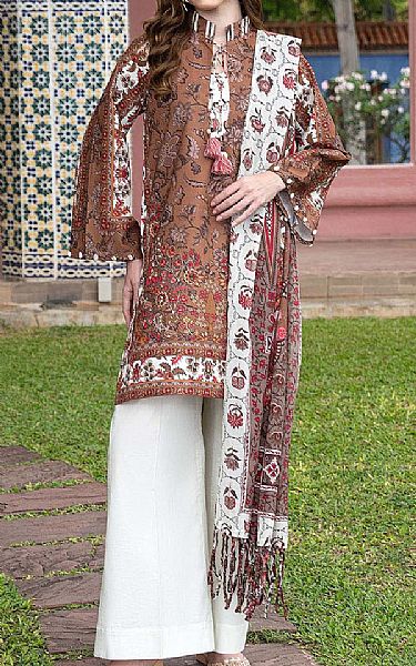 Gul Ahmed Brown/Off White Lawn Suit | Pakistani Lawn Dress in USA- Image 1