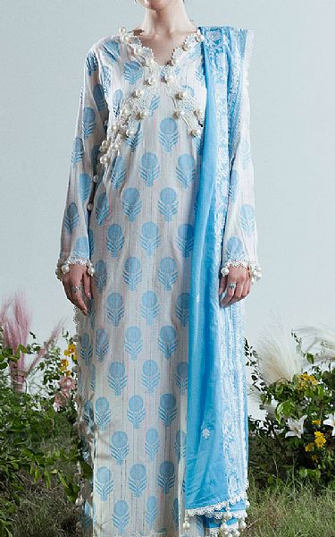 Gul Ahmed Grey/Turquoise Lawn Suit | Pakistani Lawn Dress in USA- Image 1