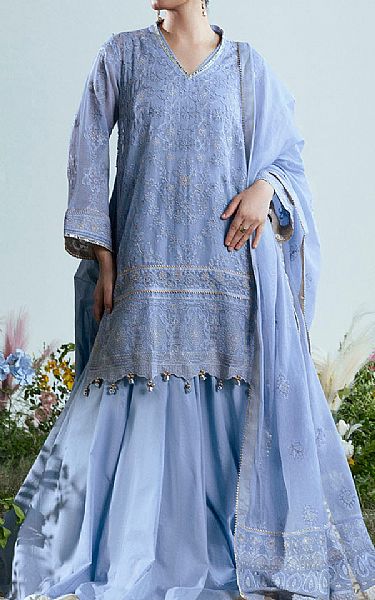 Gul Ahmed Cornflower Blue Cotton Net Suit | Pakistani Lawn Dress in USA- Image 1