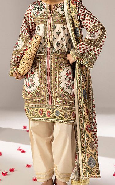 Gul Ahmed Off White/Sand Gold Lawn Suit | Pakistani Lawn Dress in USA- Image 1