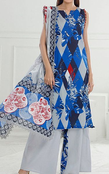 Gul Ahmed Light Grey/Blue Lawn Suit | Pakistani Lawn Dress in USA- Image 1