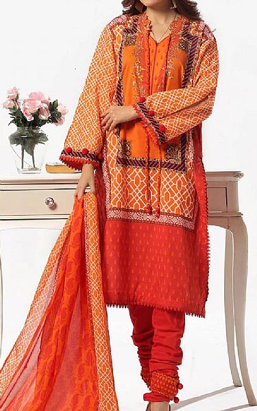 Gul Ahmed Safety Orange/Persian Red Lawn Suit | Pakistani Lawn Dress in USA- Image 1