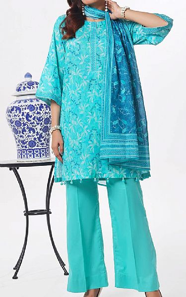 Gul Ahmed Turquoise Lawn Suit | Pakistani Lawn Dress in USA- Image 1