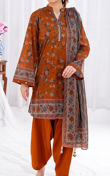 Gul Ahmed Rust Lawn Suit | Pakistani Lawn Dress in USA- Image 1