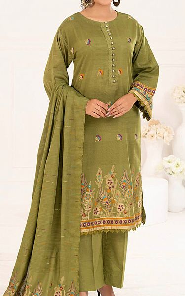 Gul Ahmed Olive Green Jacquard Suit | Pakistani Lawn Dress in USA- Image 1