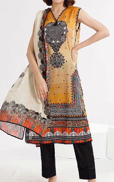 Gul Ahmed Light Orange/Black Lawn Suit | Pakistani Lawn Dress in USA- Image 1
