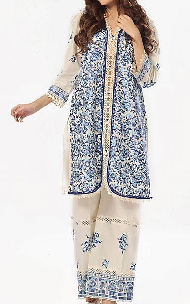 Gul Ahmed Off White/Blue Lawn Suit (2 pcs) | Pakistani Lawn Dress in USA- Image 1