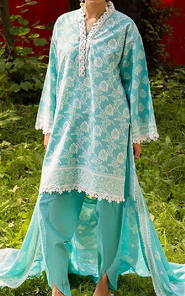 Gul Ahmed Light Turquoise/Off White Lawn Suit | Pakistani Lawn Dress in USA- Image 1