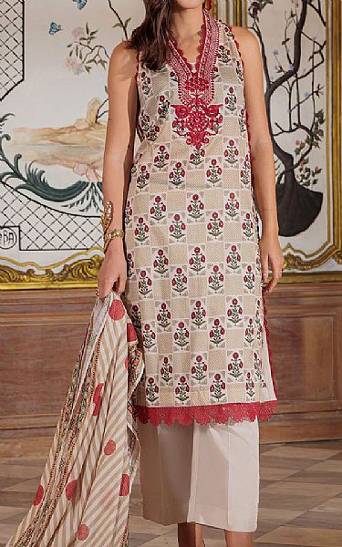 Gul Ahmed Off White/Tan Lawn Suit | Pakistani Lawn Dress in USA- Image 1