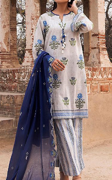 Gul Ahmed Beige/Navy Blue Lawn Suit | Pakistani Lawn Dress in USA- Image 1