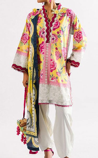 Gul Ahmed Yellow/Pink Lawn Suit | Pakistani Lawn Dress in USA- Image 1