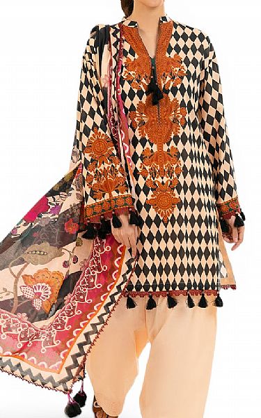 Gul Ahmed Peach/Black Lawn Suit | Pakistani Lawn Dress in USA- Image 1
