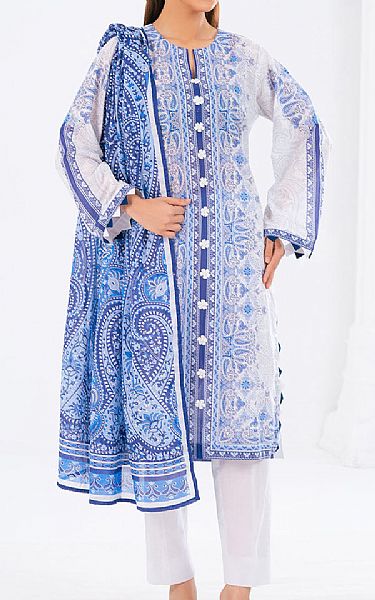 Gul Ahmed Off White/Blue Lawn Suit | Pakistani Lawn Dress in USA- Image 1