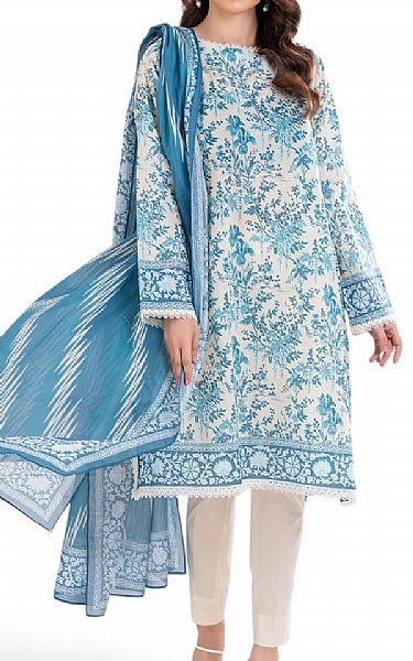 Gul Ahmed Ivory/Turquoise Lawn Suit | Pakistani Lawn Dress in USA- Image 1