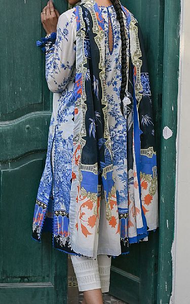 Gul Ahmed Off White/Blue Lawn Suit | Pakistani Lawn Dress in USA- Image 2