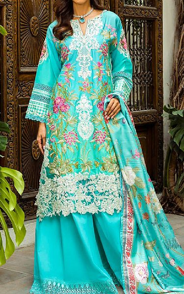 Gul Ahmed Turquoise Lawn Suit | Pakistani Lawn Dress in USA- Image 1