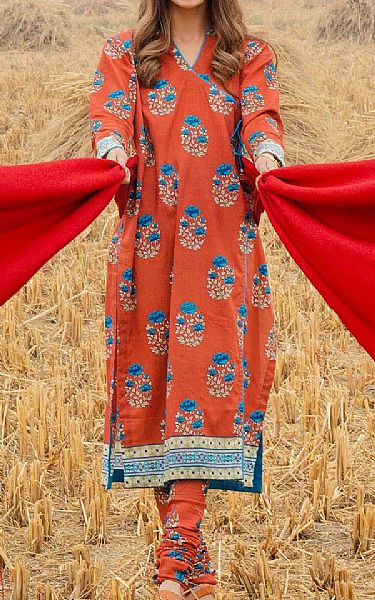 Gul Ahmed Cinnabar Red Lawn Kurti | Pakistani Dresses in USA- Image 1