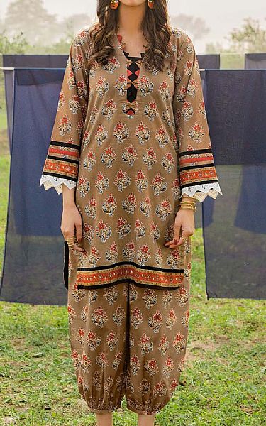 Gul Ahmed Fawn Brown Lawn Kurti | Pakistani Dresses in USA- Image 1