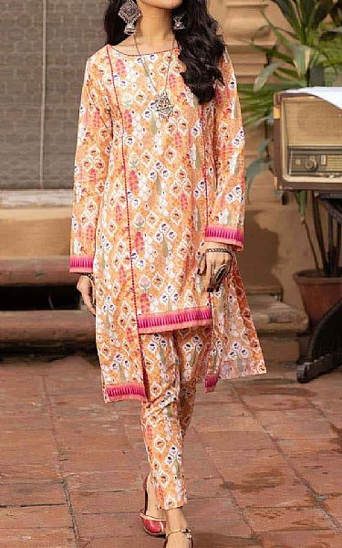 Gul Ahmed Peach/White Lawn Kurti | Pakistani Dresses in USA- Image 1