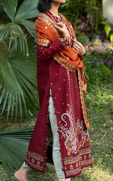 Gul Ahmed Vivid Burgundy Lawn Suit | Pakistani Lawn Dress in USA- Image 2
