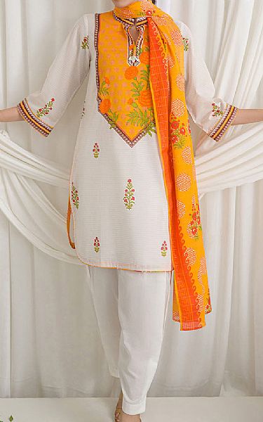 Gul Ahmed Off White/Orange Lawn Suit | Pakistani Lawn Dress in USA- Image 1