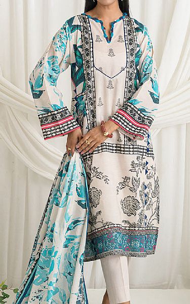 Gul Ahmed Off White/Teal Lawn Suit | Pakistani Lawn Dress in USA- Image 1