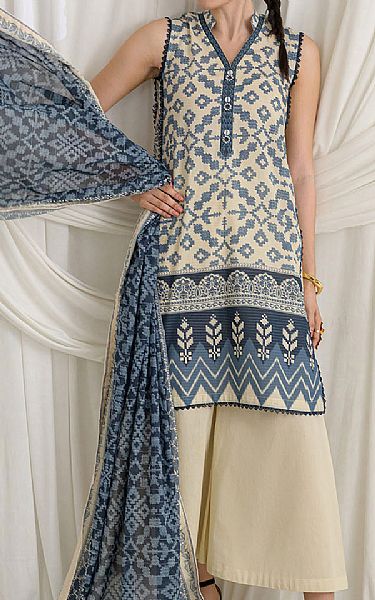 Gul Ahmed Ivory/Dusk Blue Lawn Suit | Pakistani Lawn Dress in USA- Image 1