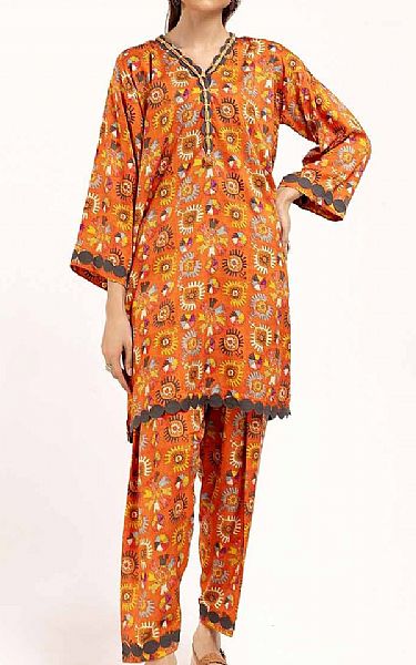 Gul Ahmed Bright Orange Linen Suit (2 pcs) | Pakistani Winter Dresses in USA- Image 1