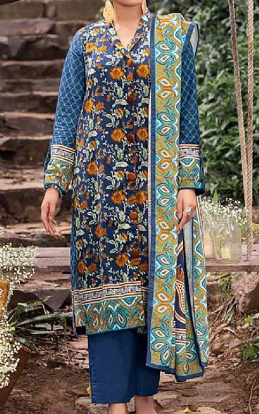 Gul Ahmed Navy Blue Khaddar Suit | Pakistani Winter Dresses- Image 1