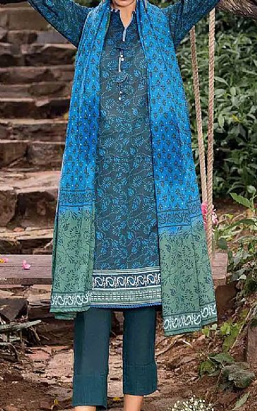 Gul Ahmed Teal Blue Khaddar Suit | Pakistani Winter Dresses- Image 1