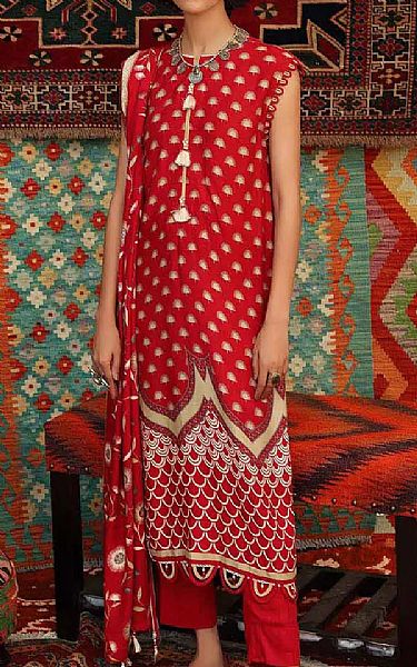 Gul Ahmed Red Linen Suit | Pakistani Winter Dresses- Image 1