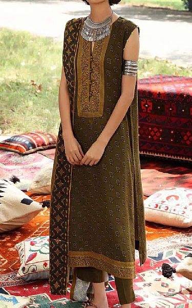 Gul Ahmed Olive Green Linen Suit | Pakistani Winter Dresses- Image 1