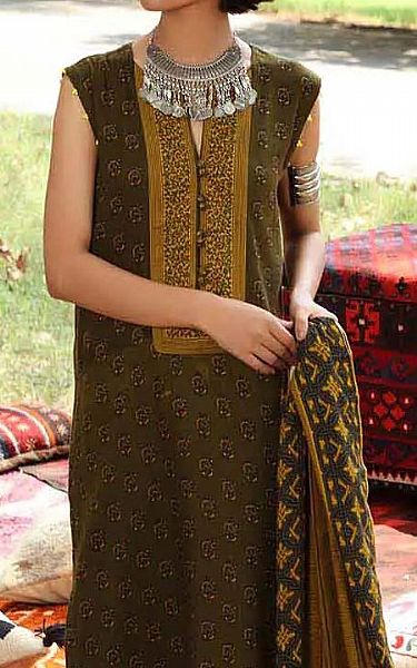 Gul Ahmed Olive Green Linen Suit | Pakistani Winter Dresses- Image 2