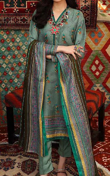 Gul Ahmed Viridian Green Linen Suit | Pakistani Winter Dresses- Image 2