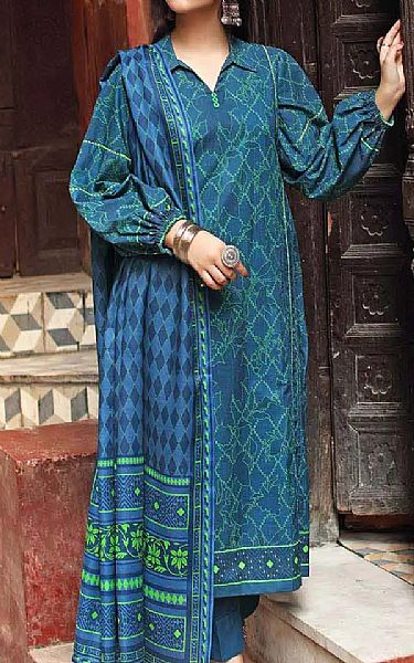 Gul Ahmed Teal Blue Khaddar Suit | Pakistani Winter Dresses- Image 1