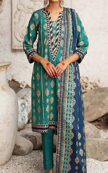 Gul Ahmed Emerald Green Cotton Suit | Pakistani Dresses in USA- Image 1