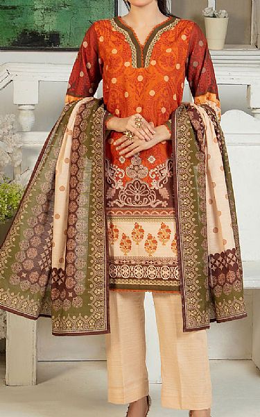 Gul Ahmed Safety Orange/Ivory Khaddar Suit | Pakistani Winter Dresses in USA- Image 1