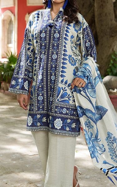 Gul Ahmed Off White/Blue Khaddar Suit | Pakistani Winter Dresses in USA- Image 1