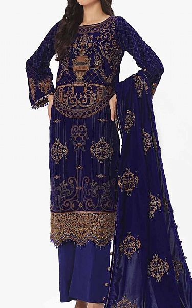 Gul Ahmed Midnight Blue Velvet Suit | Pakistani Winter Dresses in USA- Image 1
