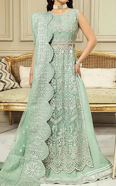 House Of Nawab Mint Green Net Suit | Pakistani Embroidered Chiffon Dresses- Image 1