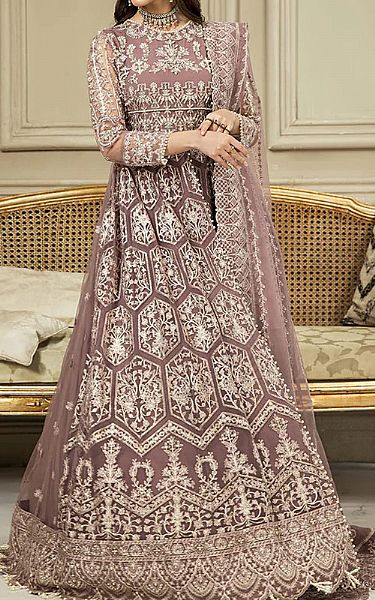 House Of Nawab Taupe Pink Net Suit | Pakistani Embroidered Chiffon Dresses- Image 1