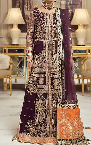 House Of Nawab Egg Plant Net Suit | Pakistani Embroidered Chiffon Dresses- Image 1