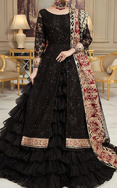 House Of Nawab Black Net Suit | Pakistani Embroidered Chiffon Dresses- Image 1