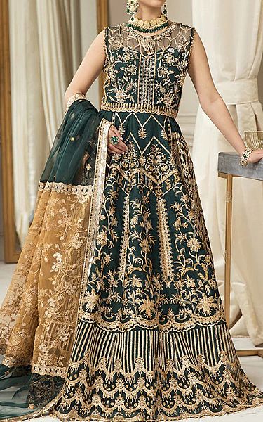 House Of Nawab Brunswick Green Organza Suit | Pakistani Embroidered Chiffon Dresses USA- Image 1