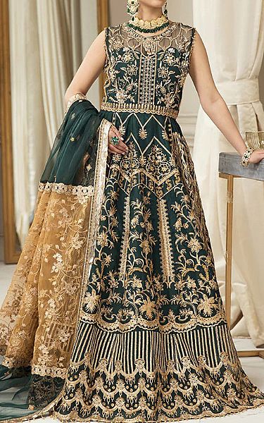 House Of Nawab Brunswick Green Organza Suit | Pakistani Embroidered Chiffon Dresses- Image 1