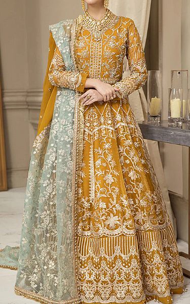 House Of Nawab Mustard Organza Suit | Pakistani Embroidered Chiffon Dresses- Image 1
