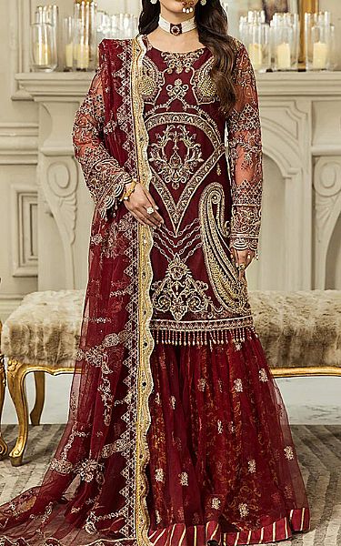 House Of Nawab Maroon Net Suit | Pakistani Embroidered Chiffon Dresses- Image 1